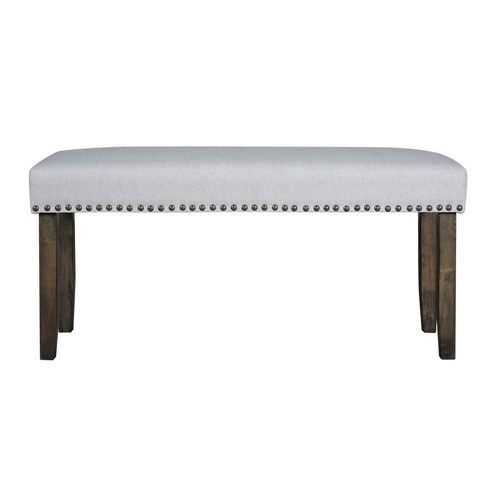 Benjara Luo 43 Inch Dining Bench, Nailhead Accent Soft Gray Upholstery, Brown Wood