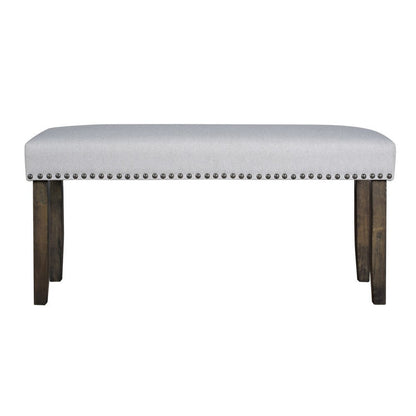 Benjara Luo 43 Inch Dining Bench, Nailhead Accent Soft Gray Upholstery, Brown Wood