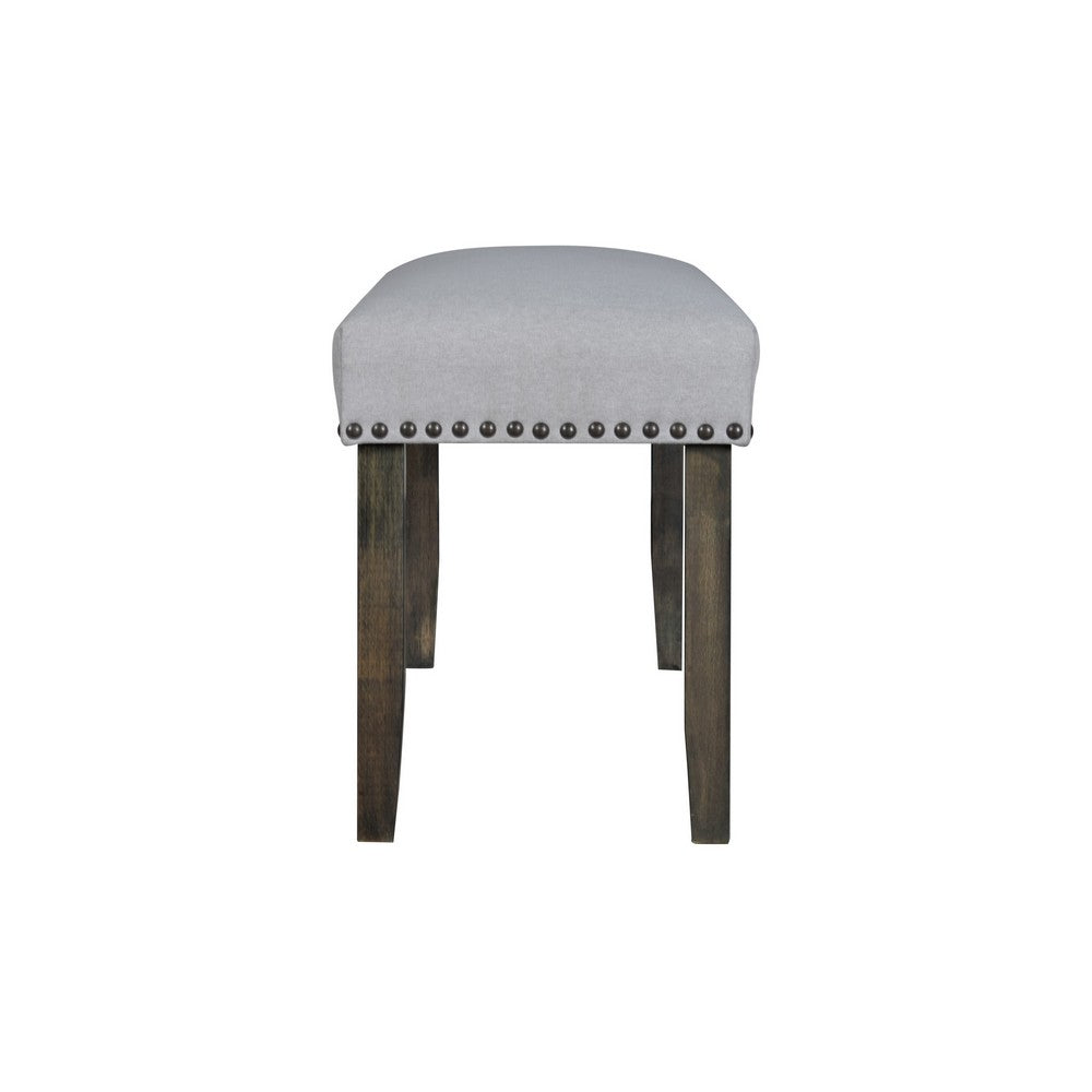Benjara Luo 43 Inch Dining Bench, Nailhead Accent Soft Gray Upholstery, Brown Wood