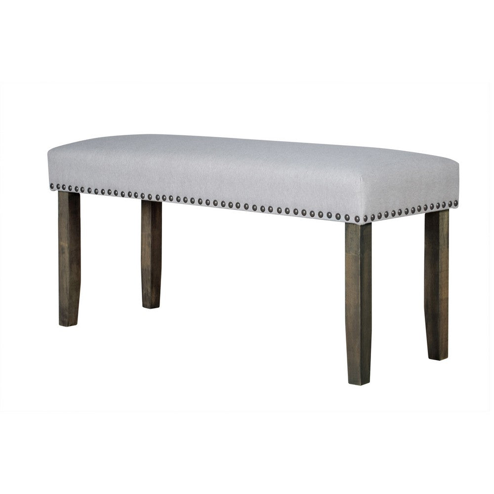 Benjara Luo 43 Inch Dining Bench, Nailhead Accent Soft Gray Upholstery, Brown Wood