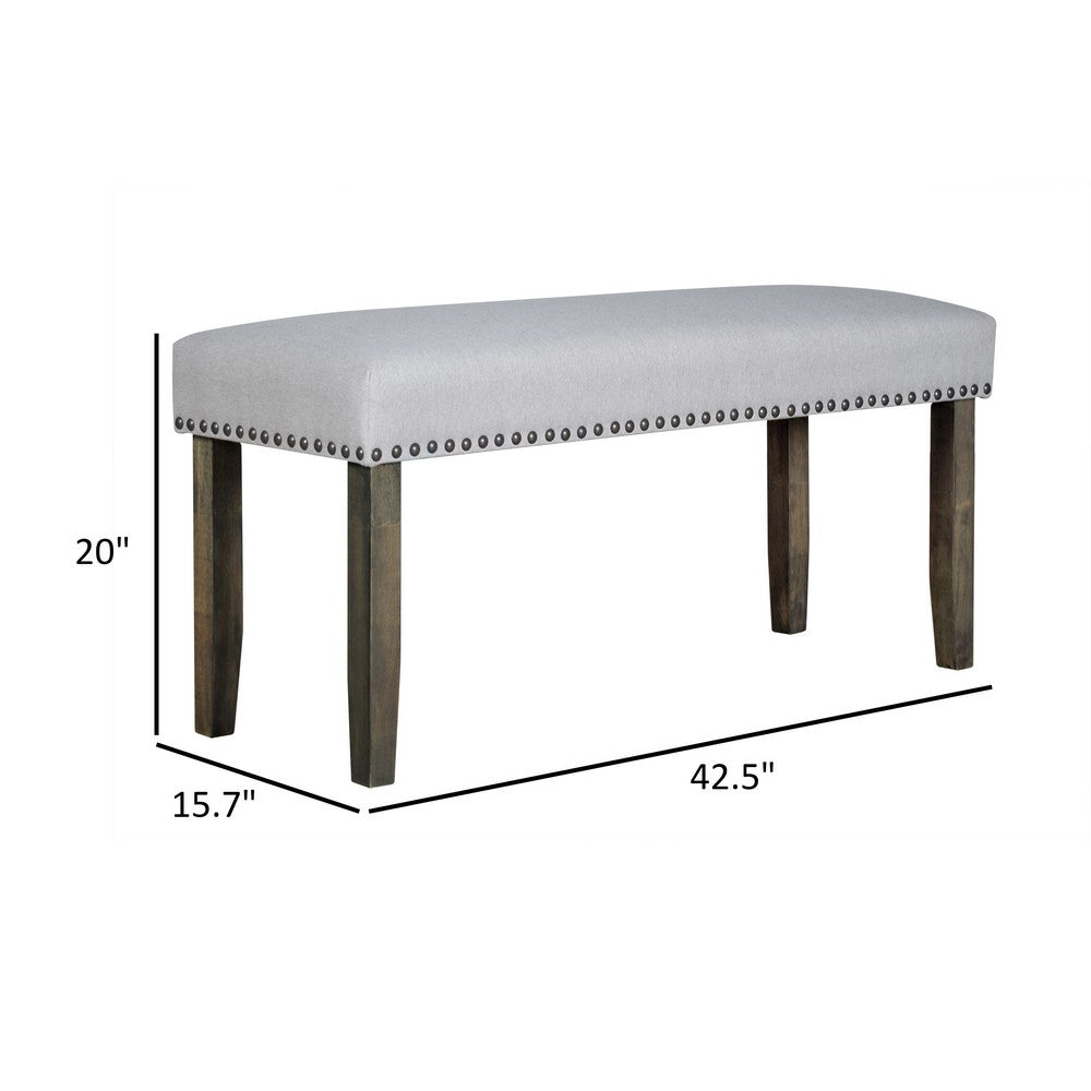 Benjara Luo 43 Inch Dining Bench, Nailhead Accent Soft Gray Upholstery, Brown Wood