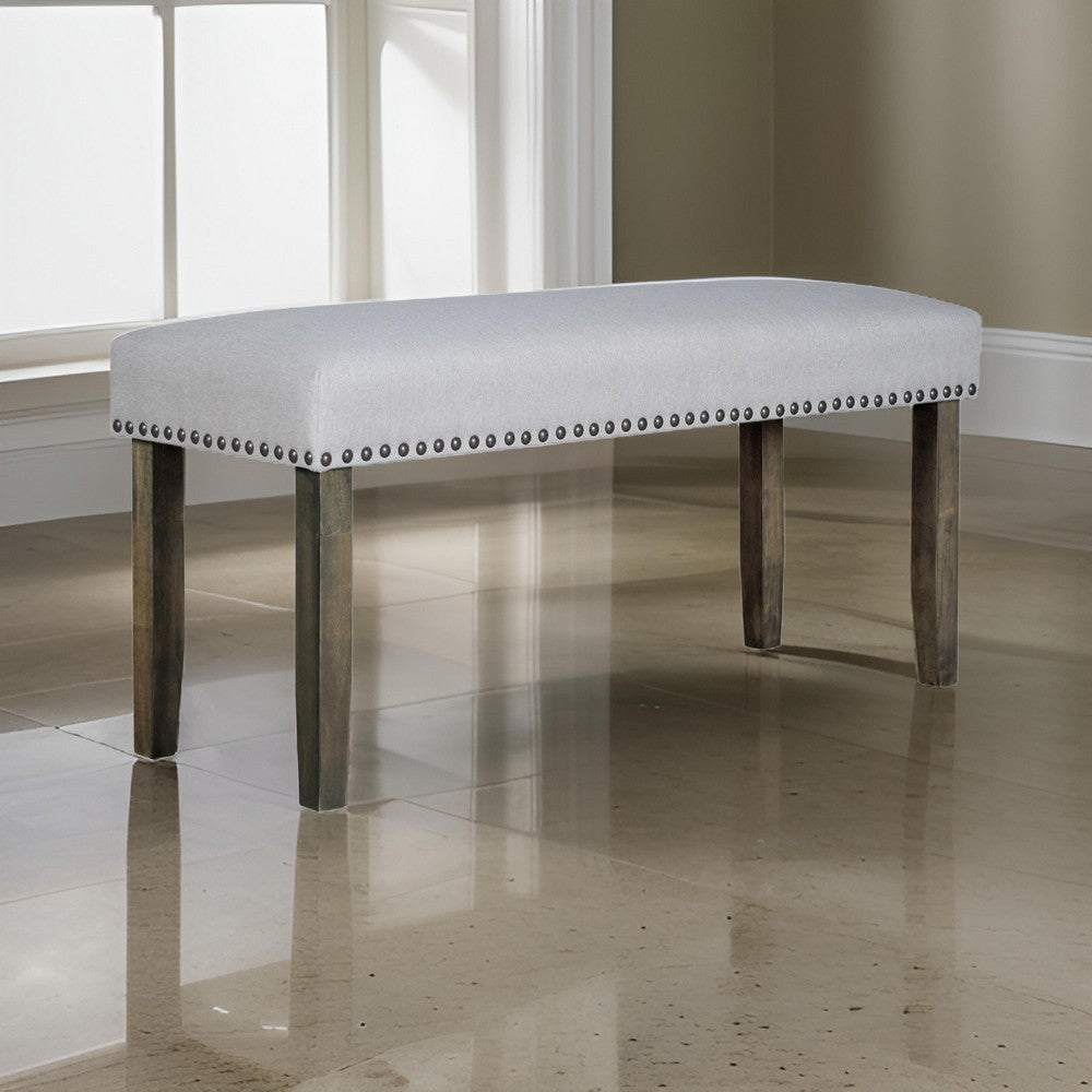 Benjara Luo 43 Inch Dining Bench, Nailhead Accent Soft Gray Upholstery, Brown Wood