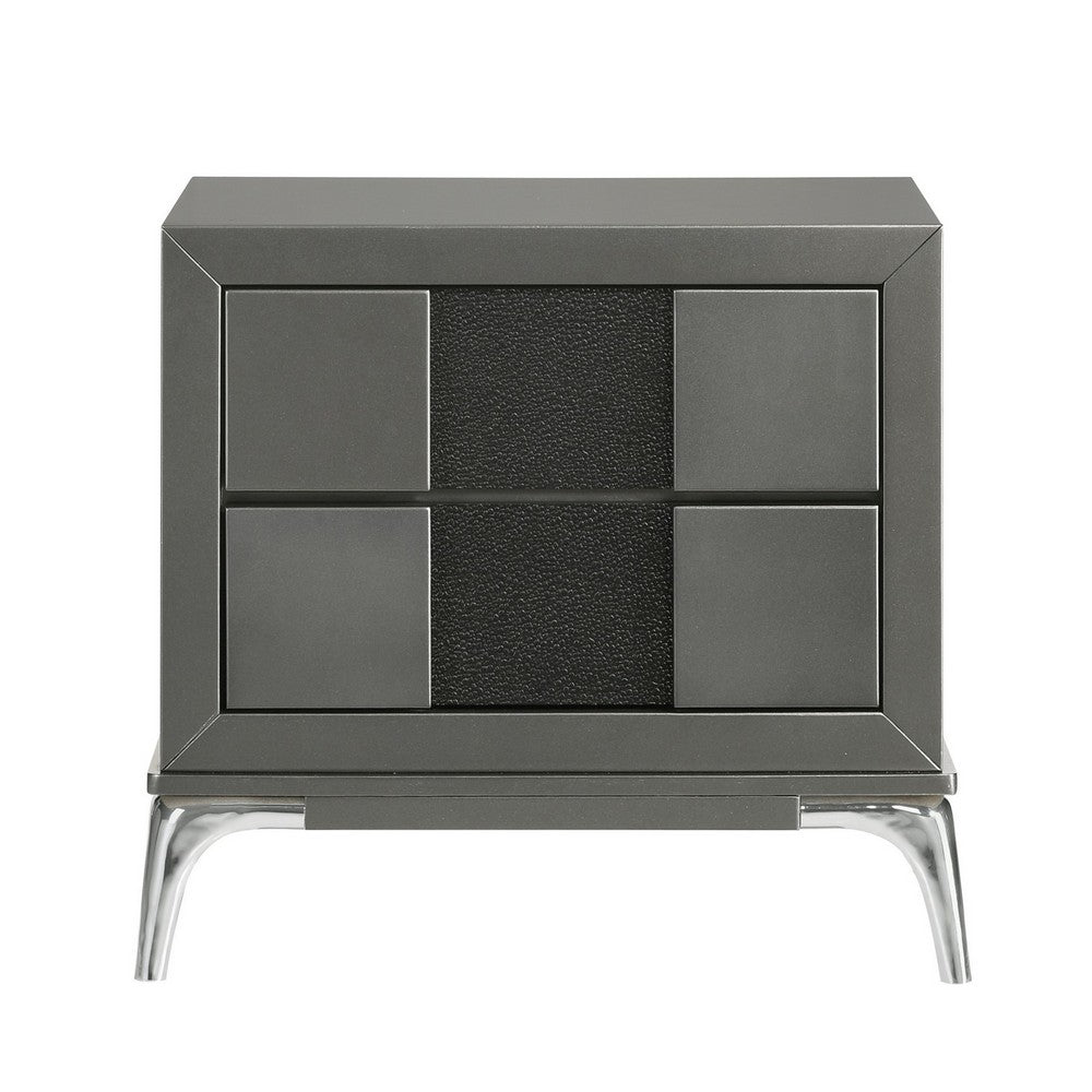 Benjara Rya 23 Inch Modern Nightstand with 2 Drawers, Gray Wood, Angled Chrome Legs