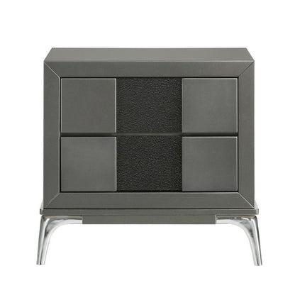 Benjara Rya 23 Inch Modern Nightstand with 2 Drawers, Gray Wood, Angled Chrome Legs