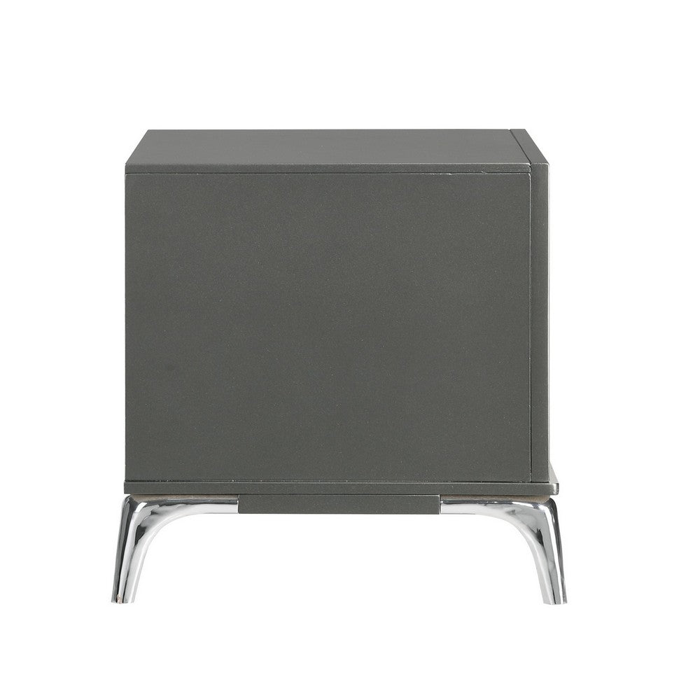 Benjara Rya 23 Inch Modern Nightstand with 2 Drawers, Gray Wood, Angled Chrome Legs
