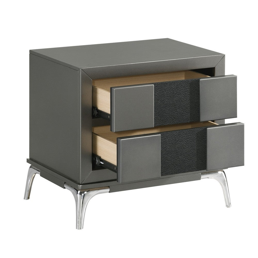 Benjara Rya 23 Inch Modern Nightstand with 2 Drawers, Gray Wood, Angled Chrome Legs