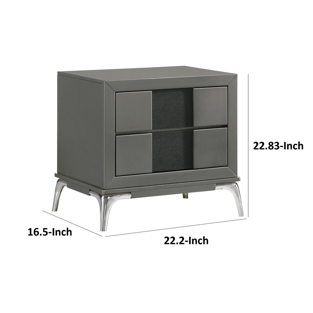 Benjara Rya 23 Inch Modern Nightstand with 2 Drawers, Gray Wood, Angled Chrome Legs