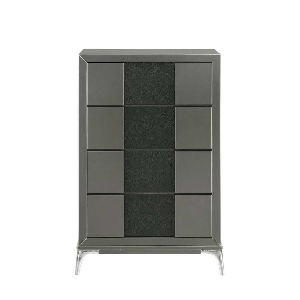 Benjara Rya 48 Inch Tall Dresser Chest, 4 Drawers, Gray Wood, Angled Chrome Legs