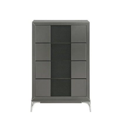 Benjara Rya 48 Inch Tall Dresser Chest, 4 Drawers, Gray Wood, Angled Chrome Legs