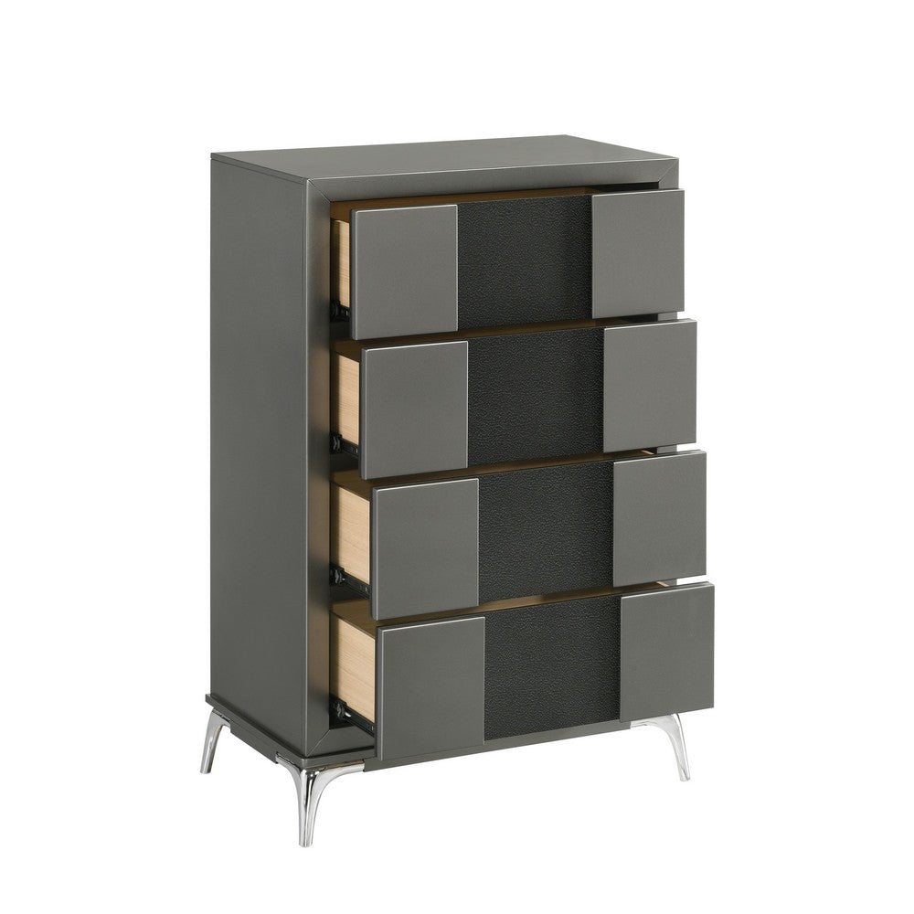 Benjara Rya 48 Inch Tall Dresser Chest, 4 Drawers, Gray Wood, Angled Chrome Legs