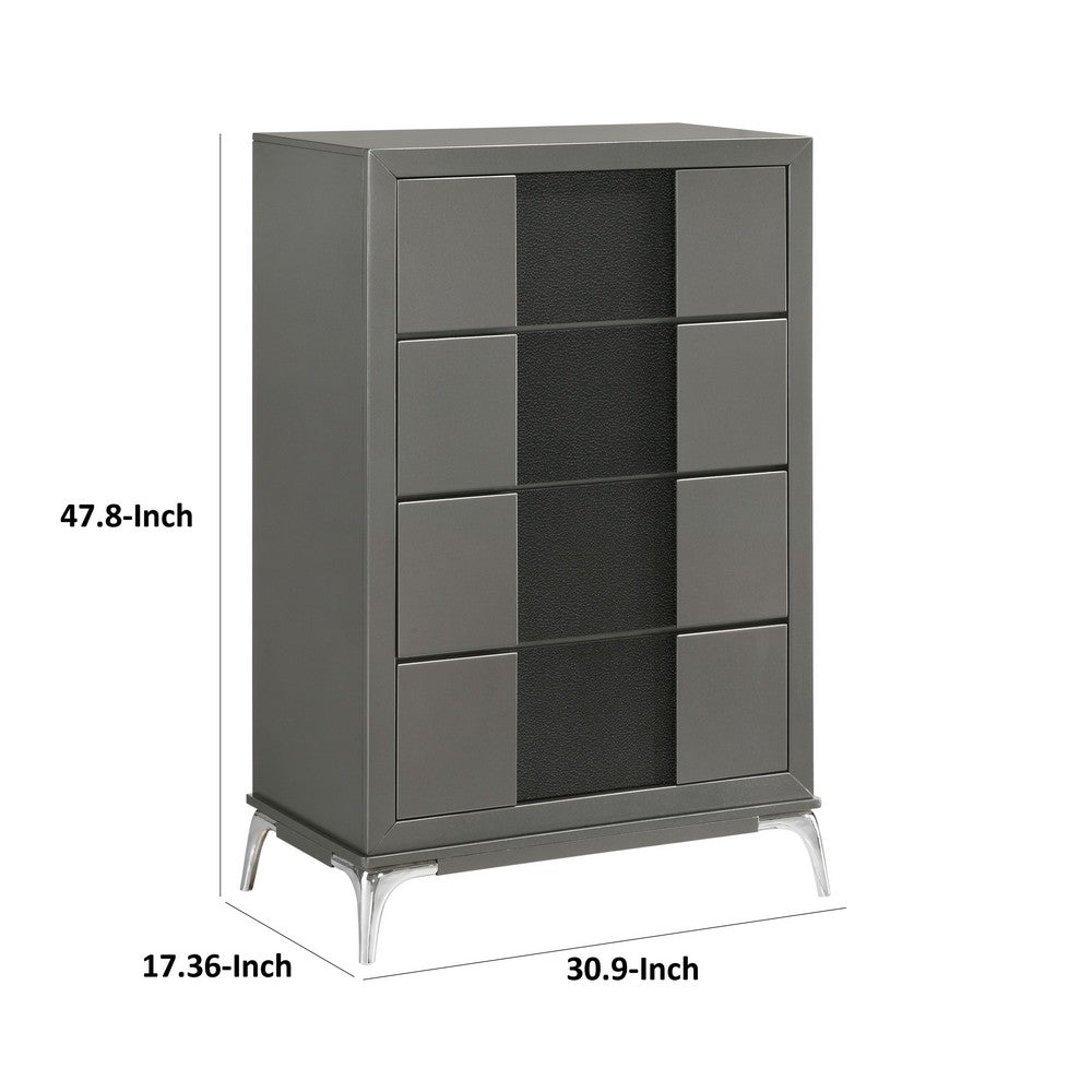 Benjara Rya 48 Inch Tall Dresser Chest, 4 Drawers, Gray Wood, Angled Chrome Legs