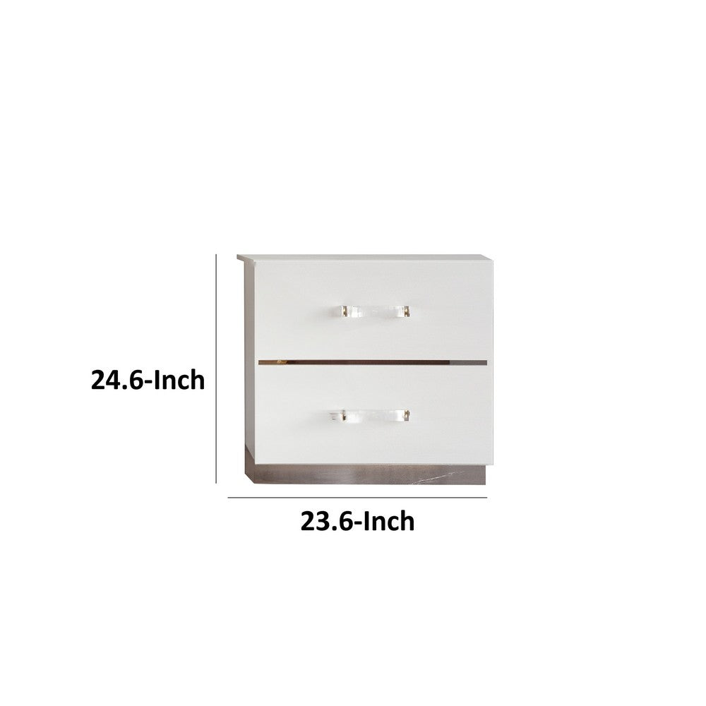 Benjara Ruo 25" Inch Modern Nightstand, 2 Drawers, Chrome Plinth Base, White Wood