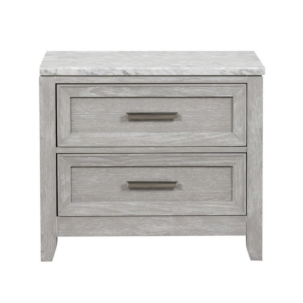 Benjara Ion 30 Inch Nightstand, 2 Drawers, White Marble Top, Farmhouse Gray Wood