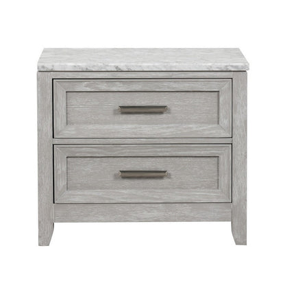 Benjara Ion 30 Inch Nightstand, 2 Drawers, White Marble Top, Farmhouse Gray Wood