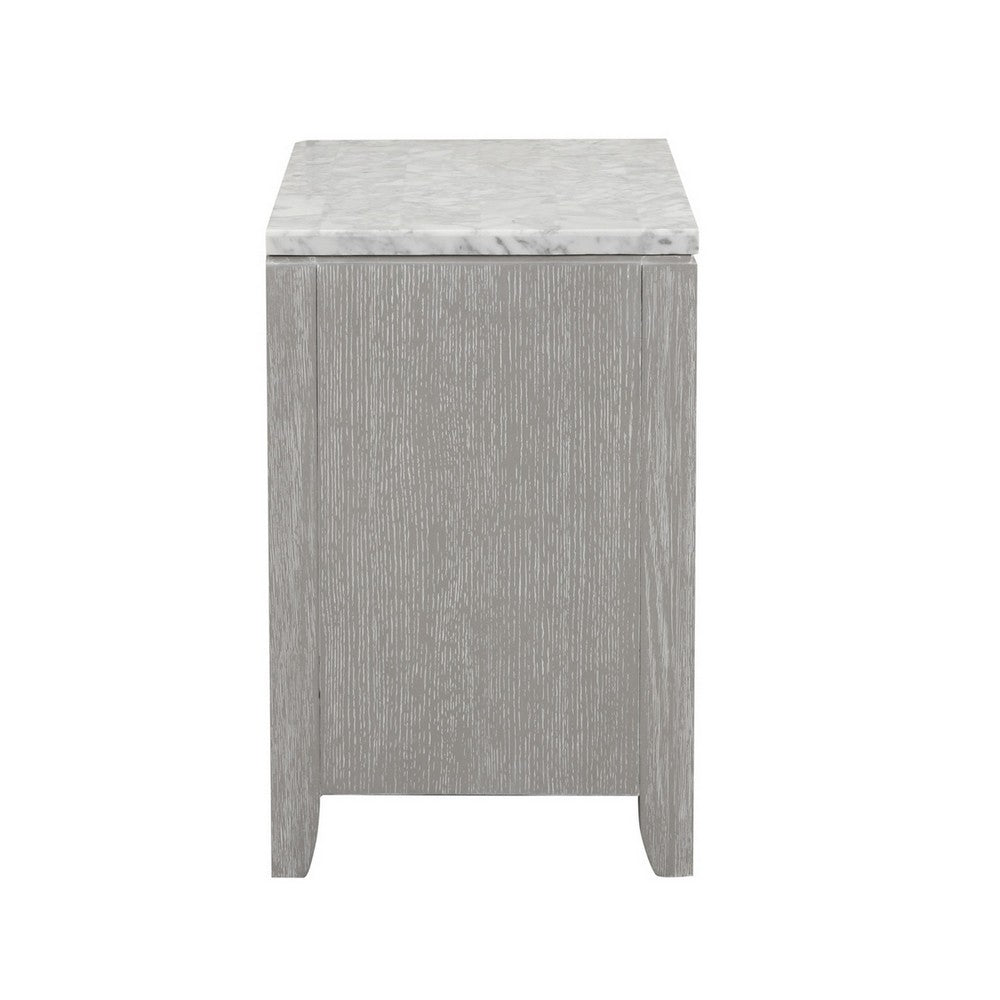 Benjara Ion 30 Inch Nightstand, 2 Drawers, White Marble Top, Farmhouse Gray Wood