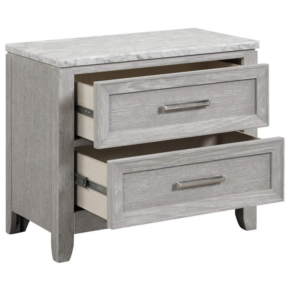 Benjara Ion 30 Inch Nightstand, 2 Drawers, White Marble Top, Farmhouse Gray Wood