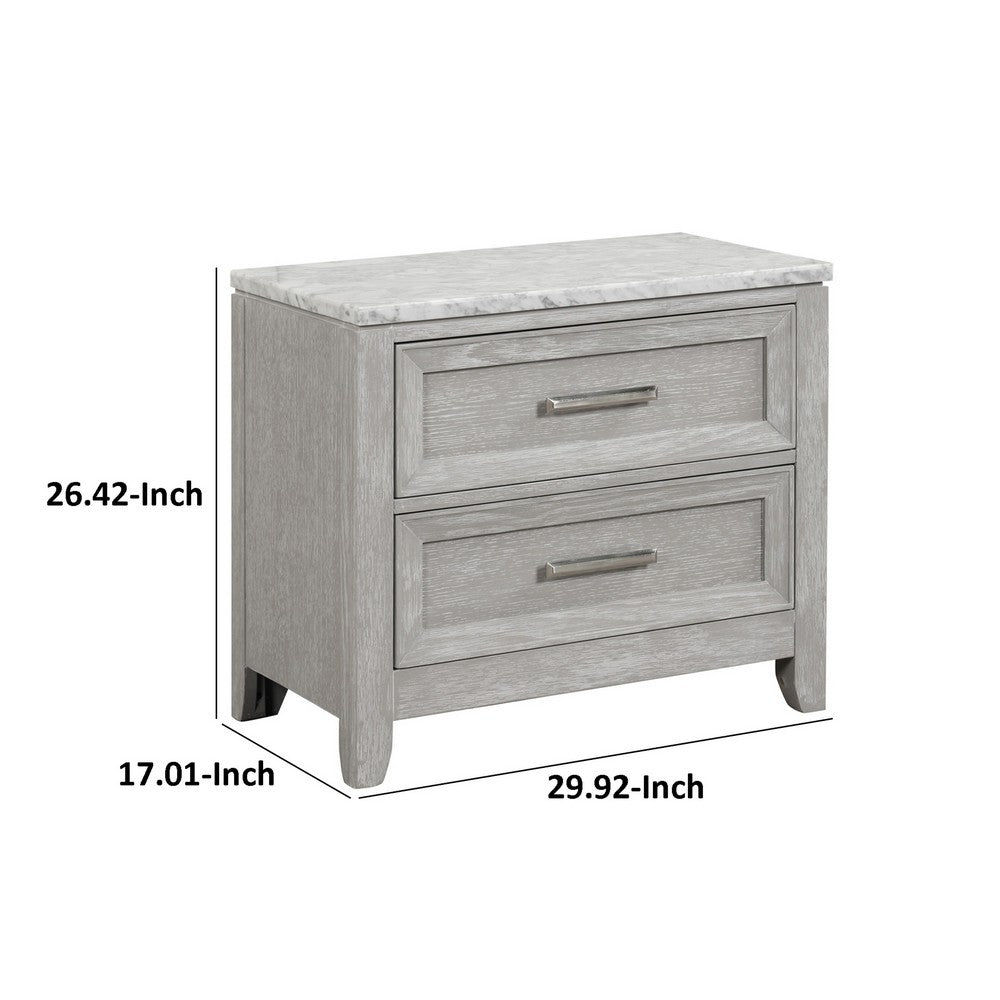 Benjara Ion 30 Inch Nightstand, 2 Drawers, White Marble Top, Farmhouse Gray Wood