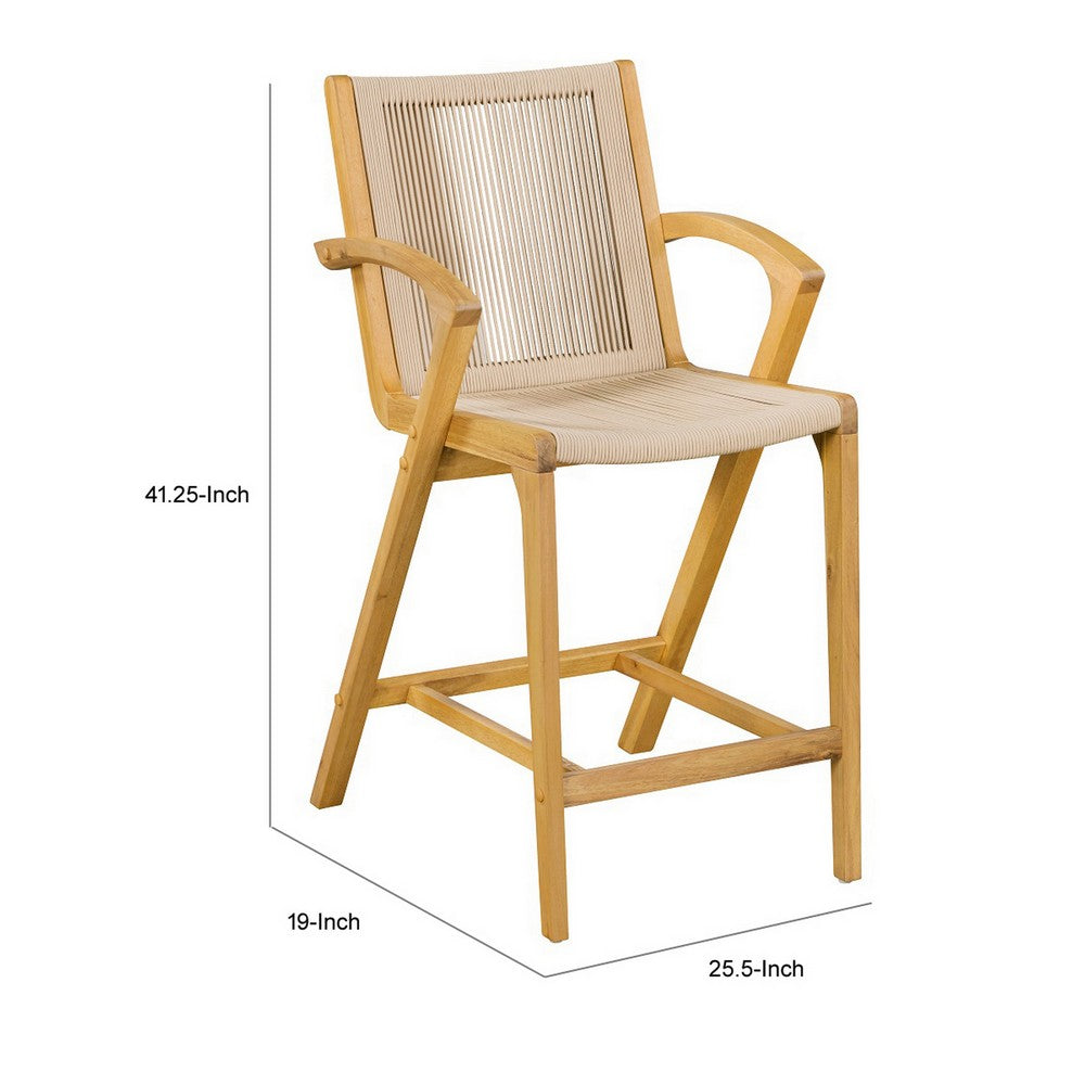 Benjara Remi 26 Inch Counter Height Chair, Natural Brown Acacia Wood, Rope Cord