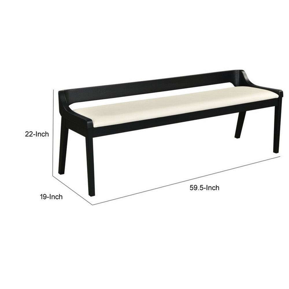 Benjara Kee 60 Inch Dining Bench, Black Rubberwood Frame, Low Back, Cushioned Seat