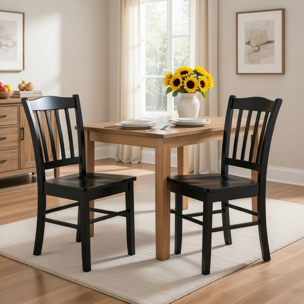 Benjara Nova 18 Inch Dining Side Chair Set of 2, Slatted Backrests, Jet Black Wood