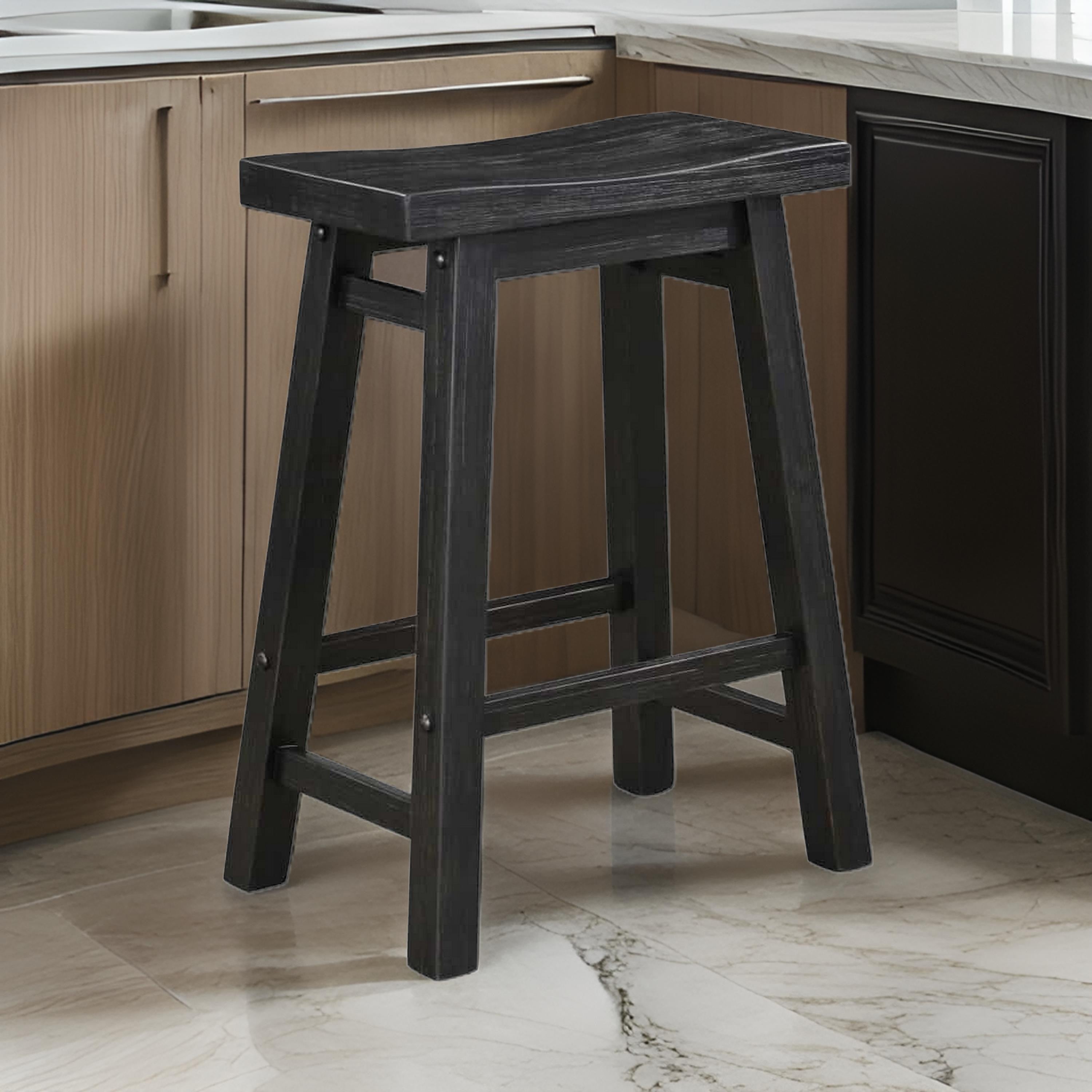Benjara Amber 24 Inch Counter Stool, Ergonomic Saddle Seats, Charcoal Black Wood