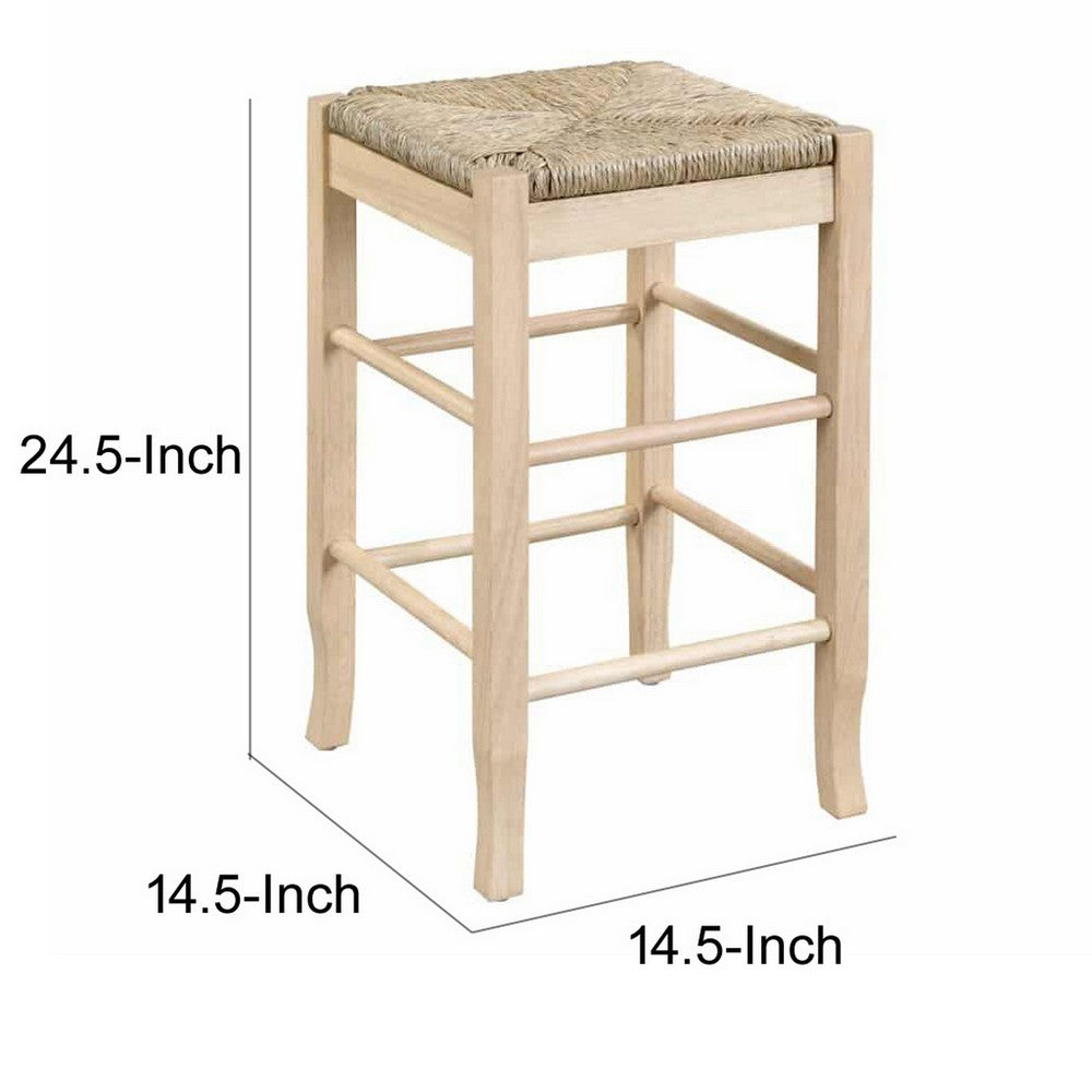 Benjara 25 Inch Backless Counter Stool, Woven Rattan, Oak Brown Rubberwood Frame