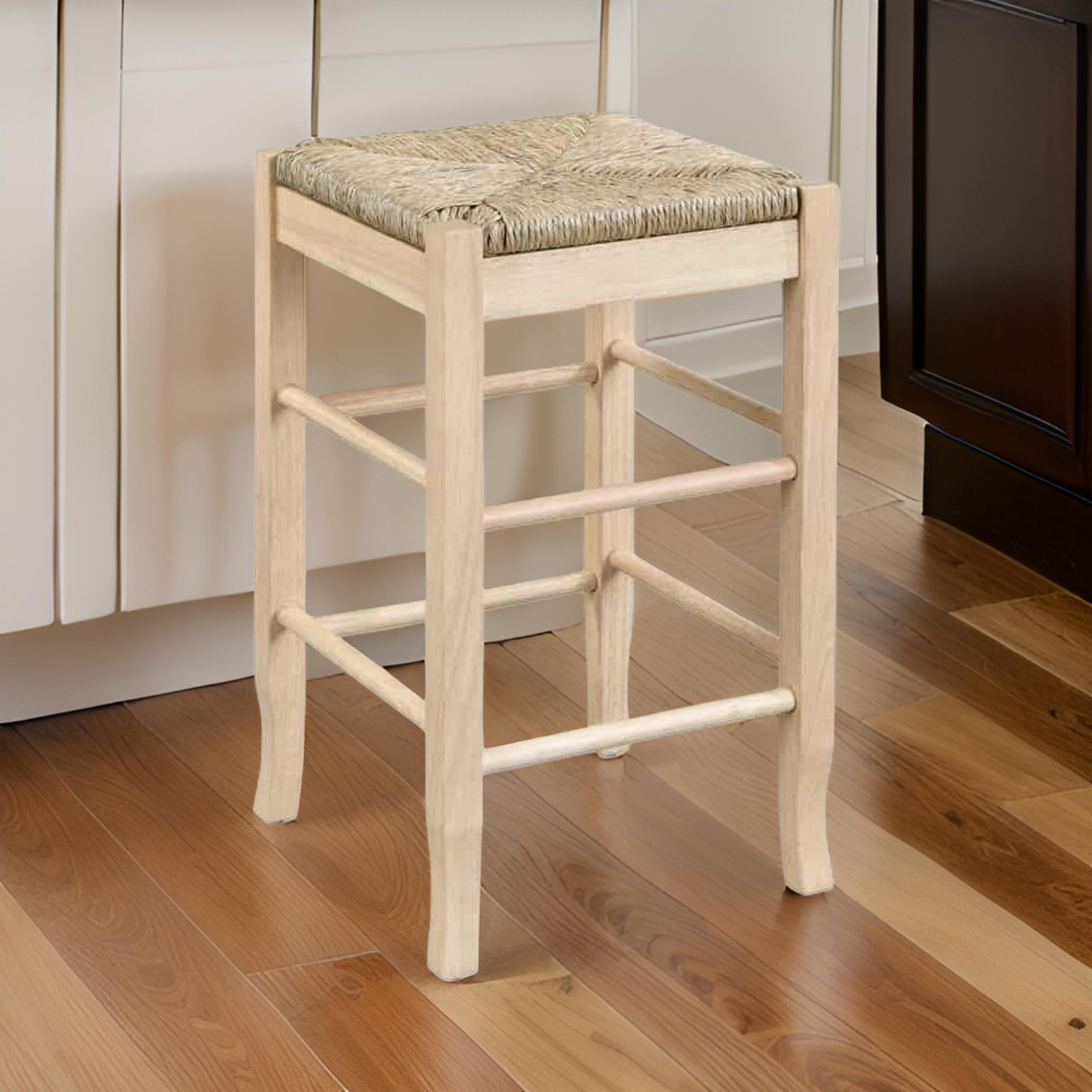 Benjara 25 Inch Backless Counter Stool, Woven Rattan, Oak Brown Rubberwood Frame