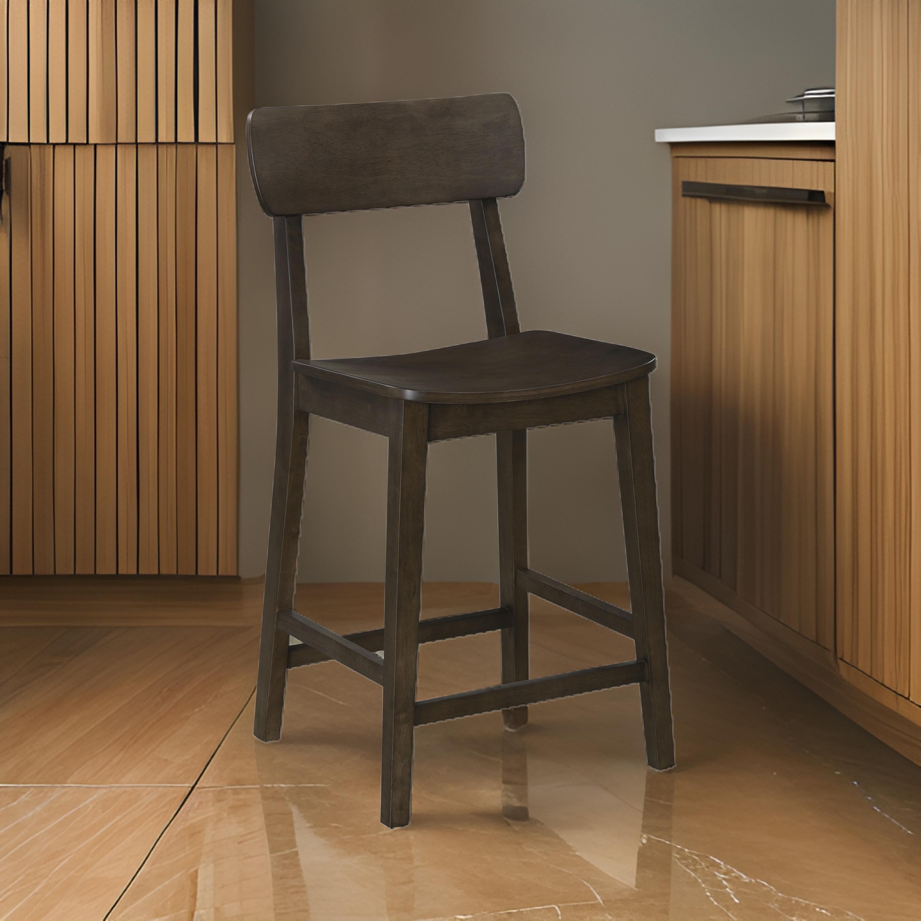 Benjara 24 Inch Counter Stool Chair, Rubberwood Curved Back And Seat, Dark Gray