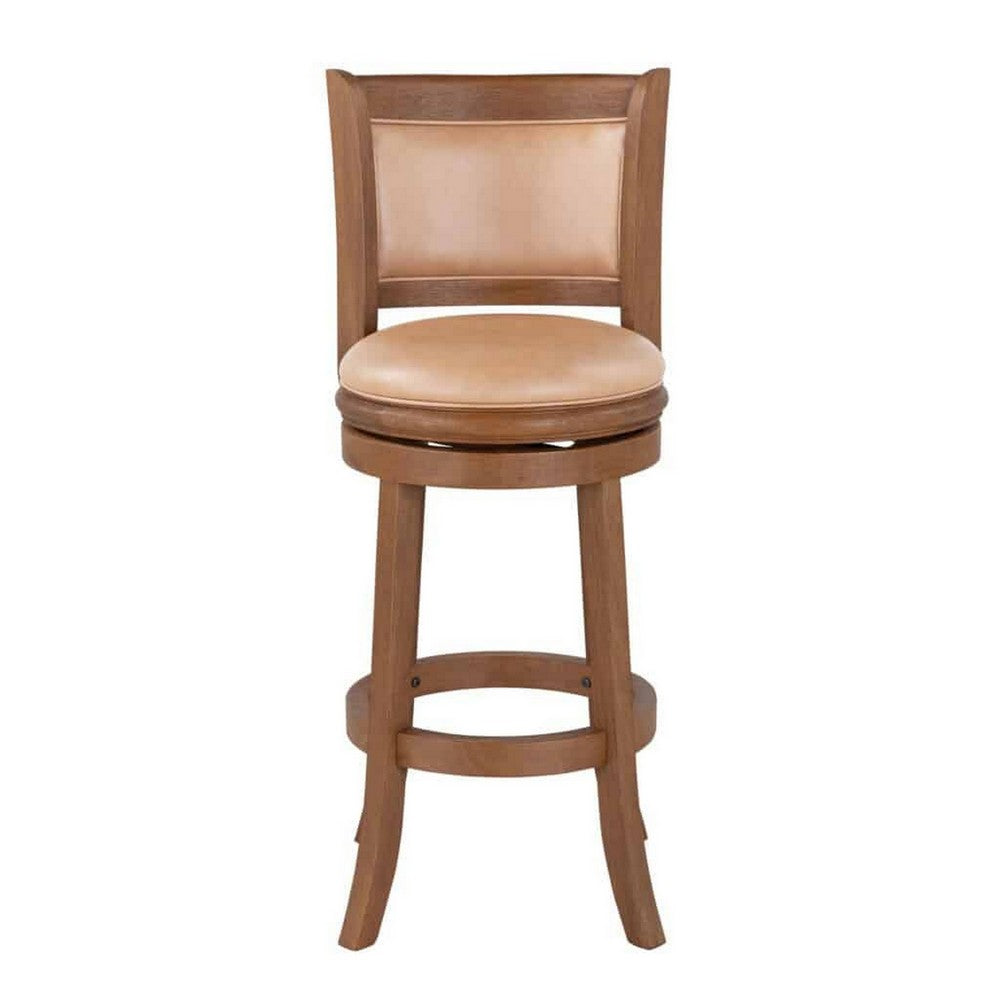 Benjara Haley 30 Inch Swivel Barstool Chair, Chestnut Brown Wood, Faux Leather