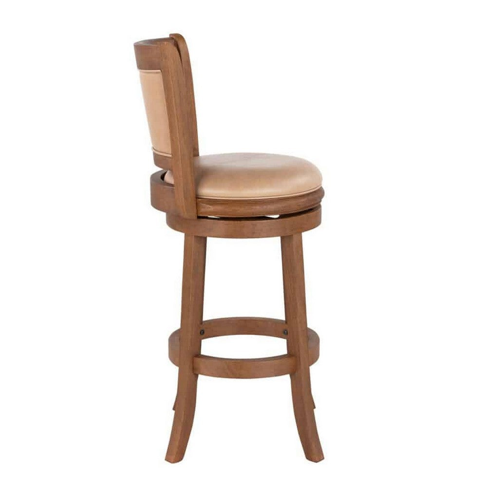 Benjara Haley 30 Inch Swivel Barstool Chair, Chestnut Brown Wood, Faux Leather