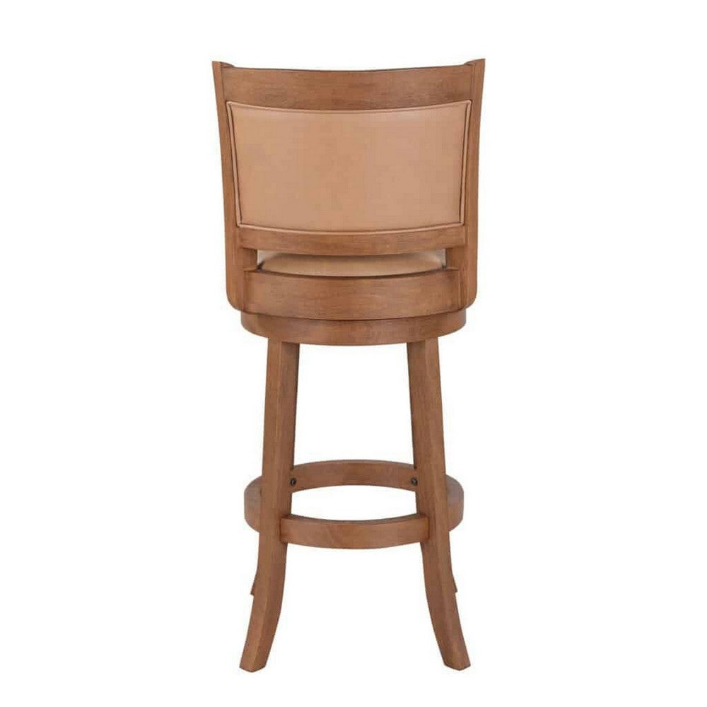 Benjara Haley 30 Inch Swivel Barstool Chair, Chestnut Brown Wood, Faux Leather