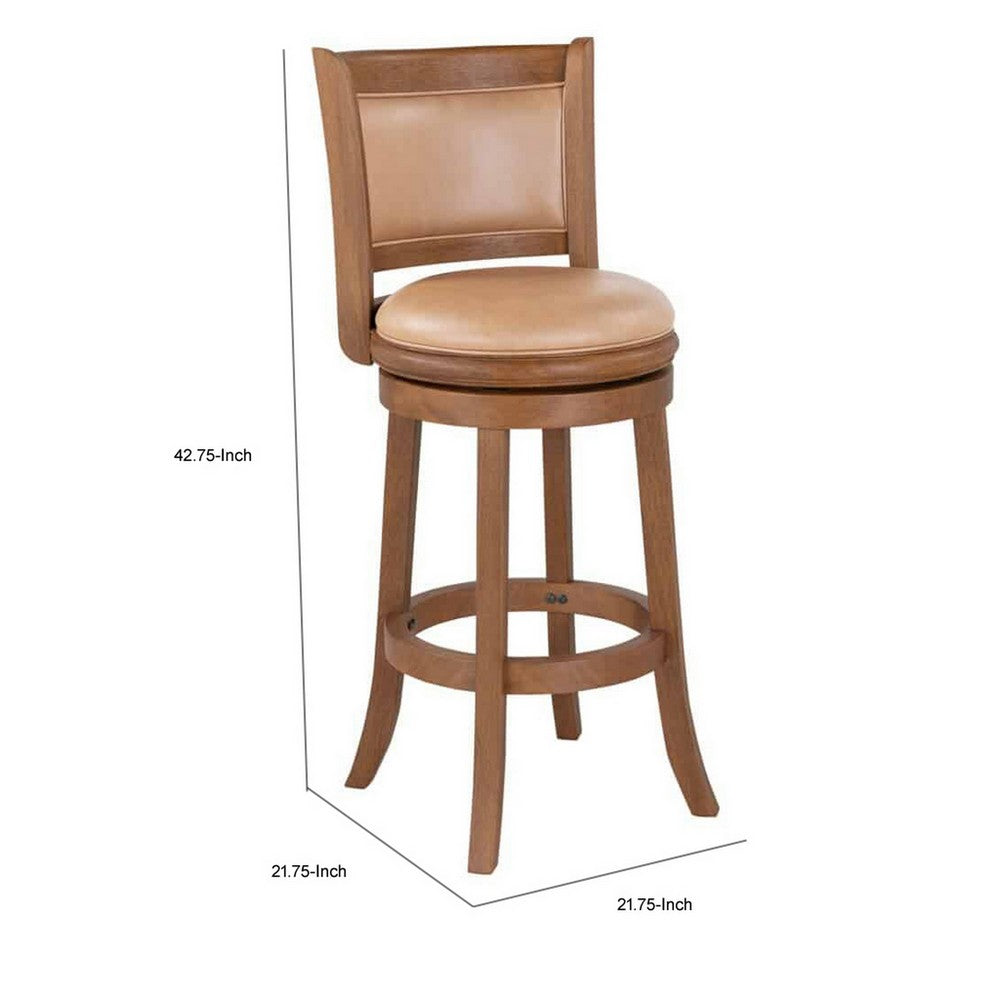 Benjara Haley 30 Inch Swivel Barstool Chair, Chestnut Brown Wood, Faux Leather
