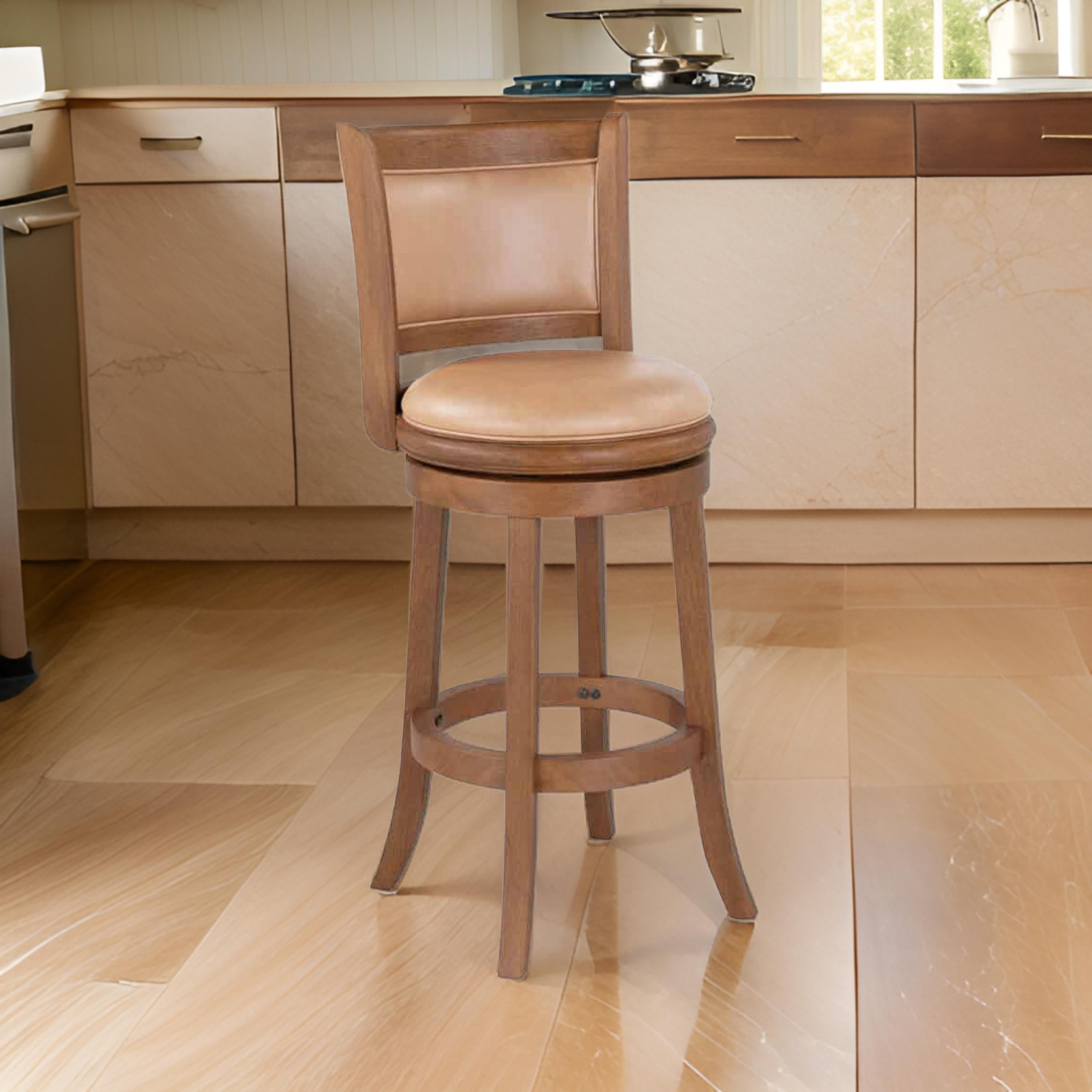 Benjara Haley 30 Inch Swivel Barstool Chair, Chestnut Brown Wood, Faux Leather
