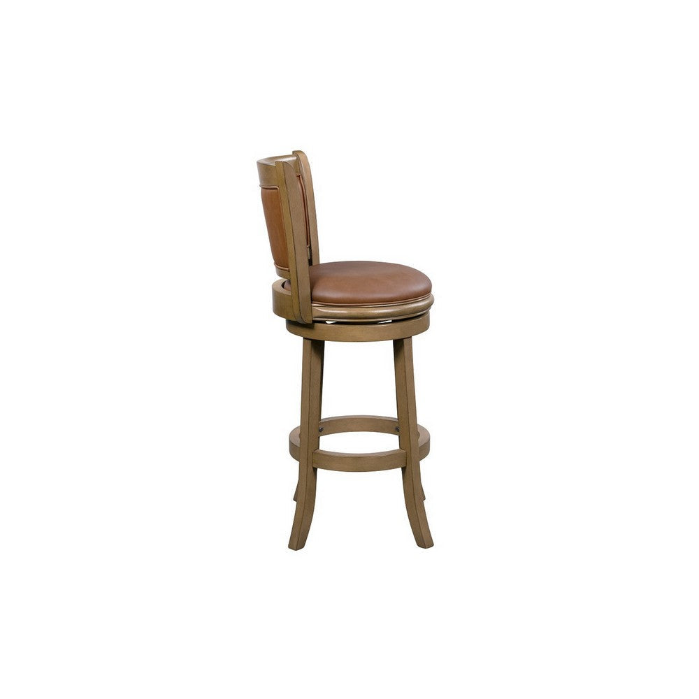 Benjara Haley 26 Inch Swivel Counter Height Chair Chestnut Brown Wood, Faux Leather