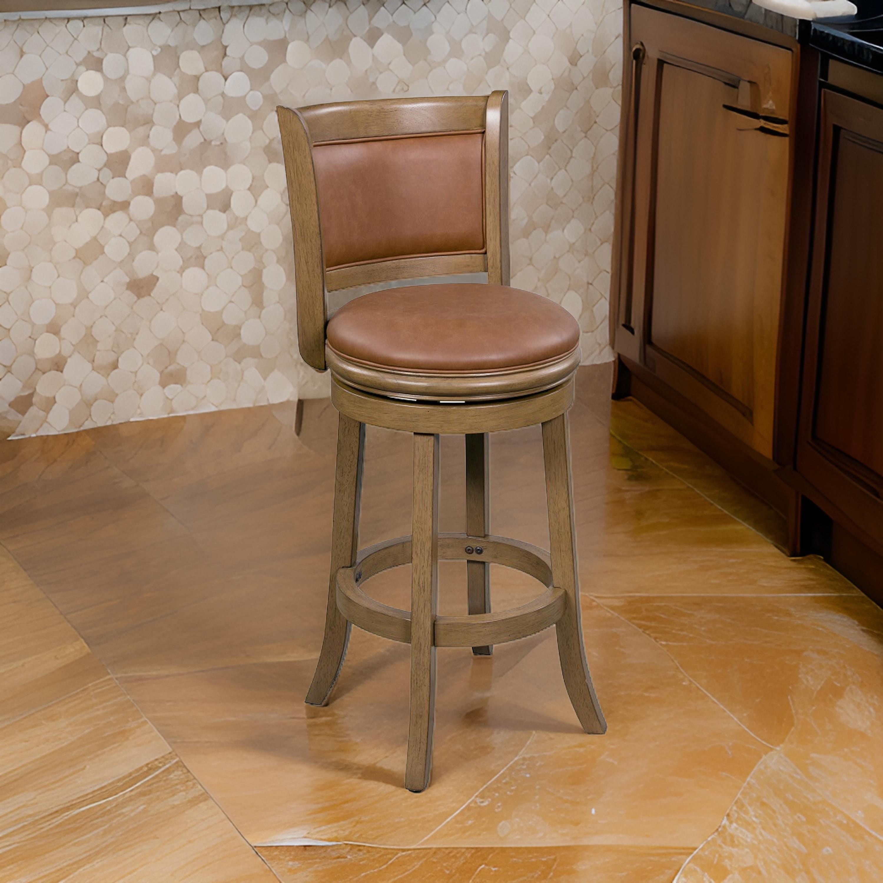 Benjara Haley 26 Inch Swivel Counter Height Chair Chestnut Brown Wood, Faux Leather