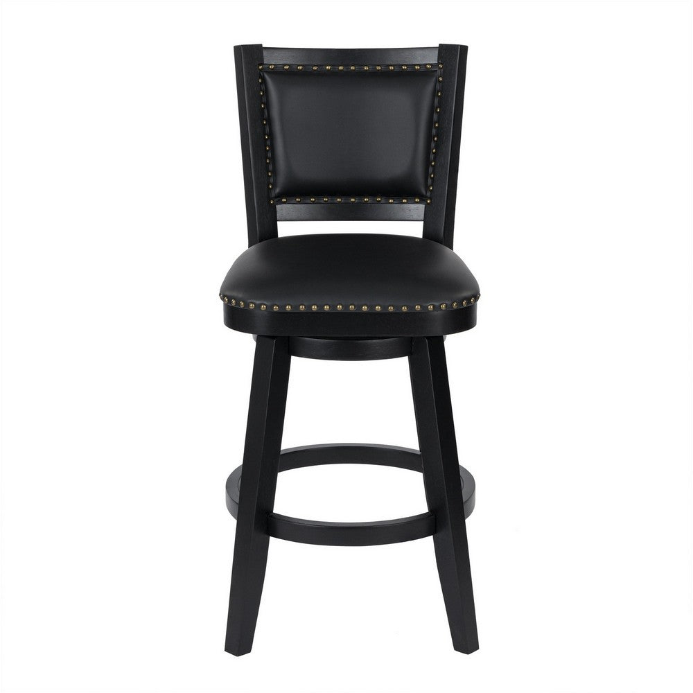 Benjara Kera Swivel Barstool Chair, Black Wood, Faux Leather, Nailhead Trim
