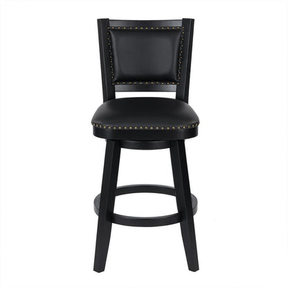 Benjara Kera Swivel Barstool Chair, Black Wood, Faux Leather, Nailhead Trim