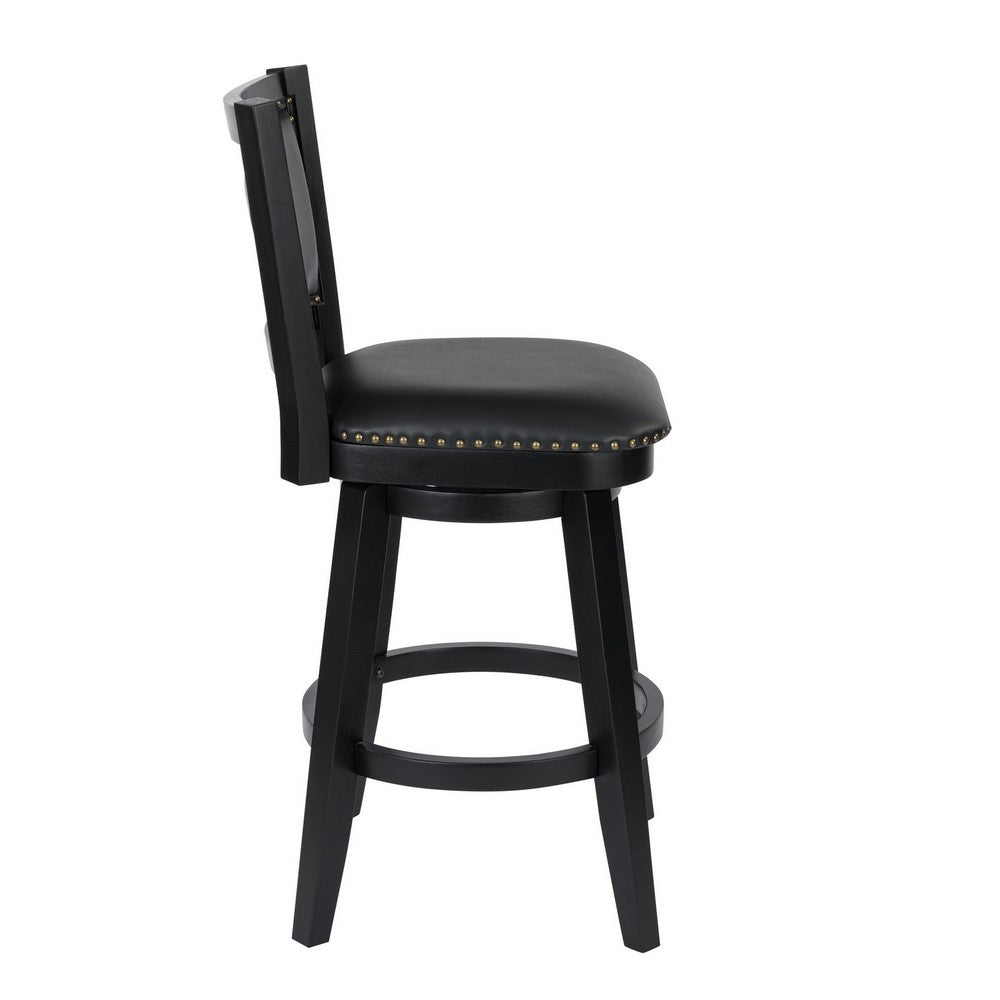 Benjara Kera Swivel Barstool Chair, Black Wood, Faux Leather, Nailhead Trim