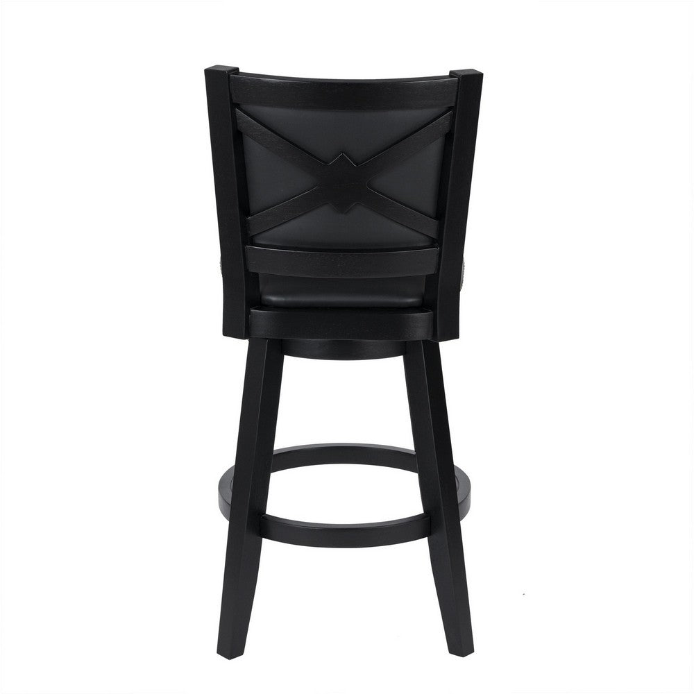 Benjara Kera Swivel Barstool Chair, Black Wood, Faux Leather, Nailhead Trim