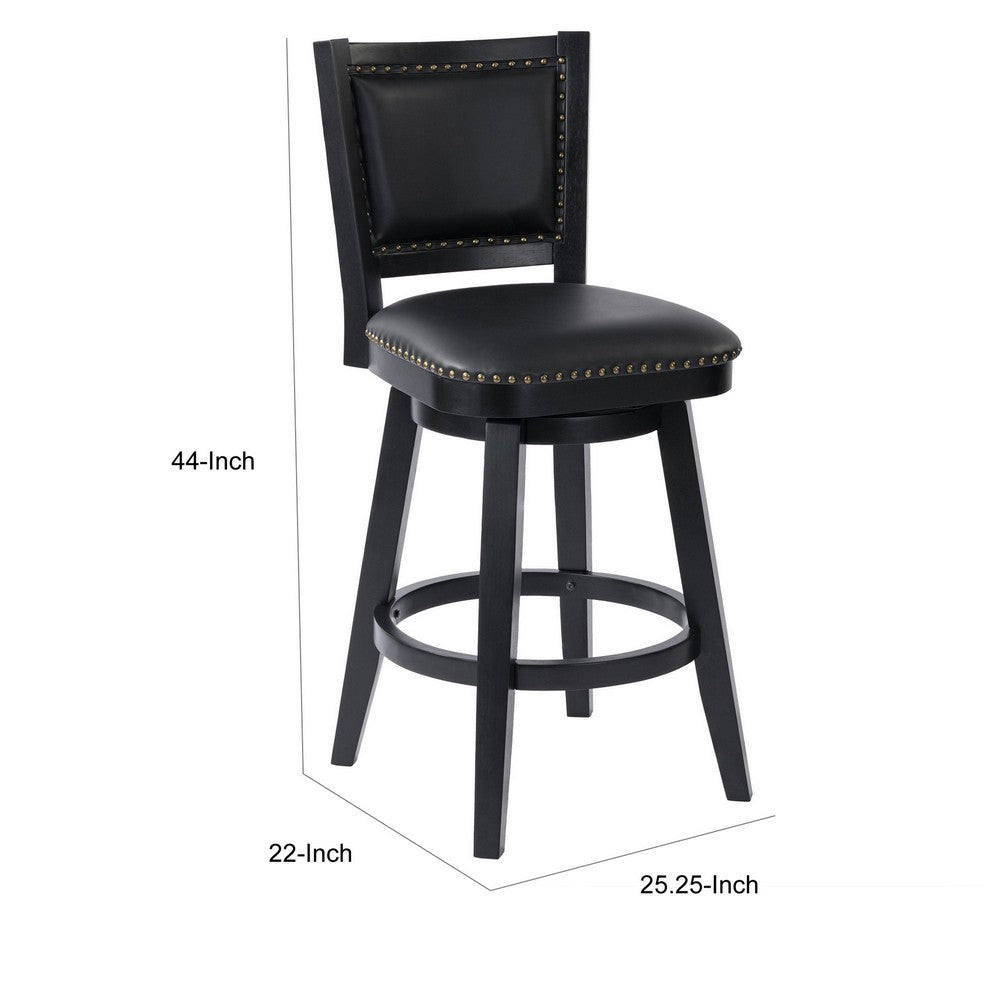 Benjara Kera Swivel Barstool Chair, Black Wood, Faux Leather, Nailhead Trim