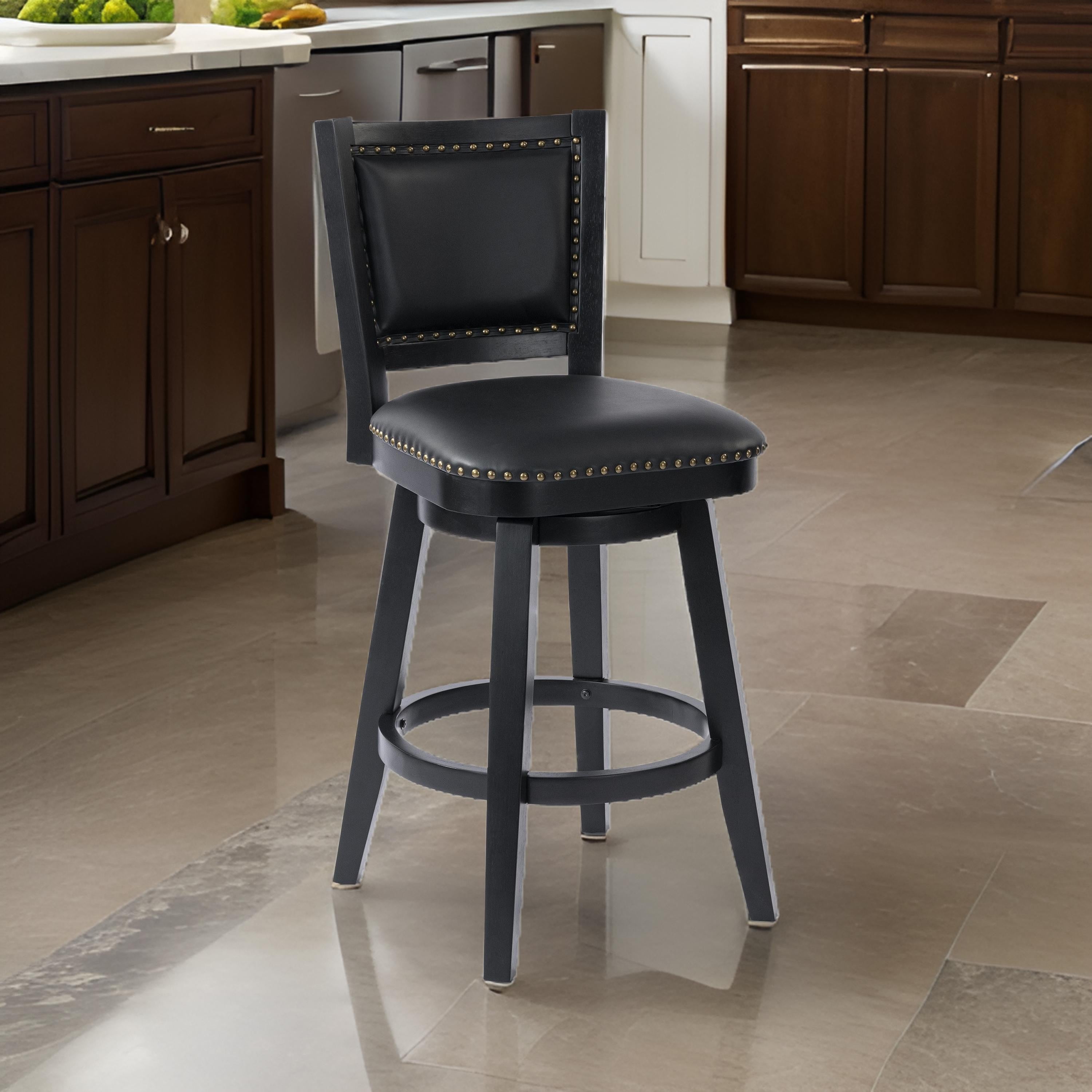 Benjara Kera Swivel Barstool Chair, Black Wood, Faux Leather, Nailhead Trim