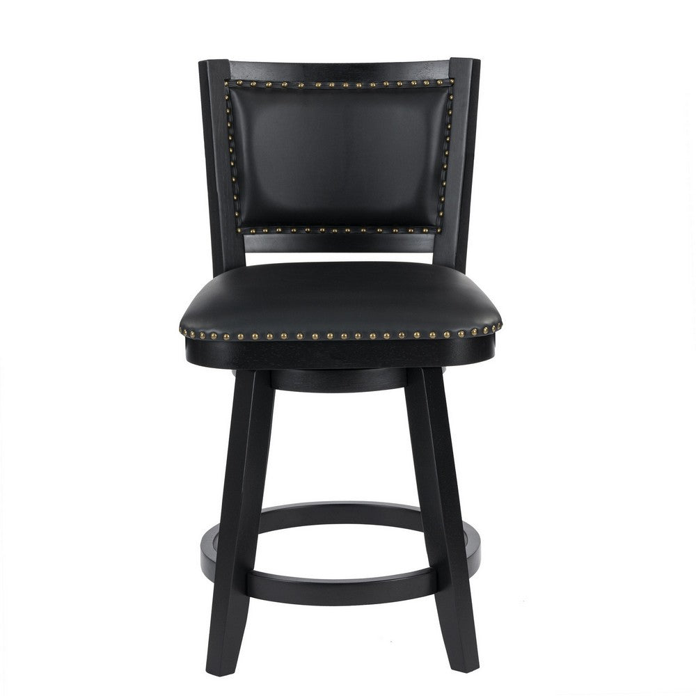 Benjara Kera Swivel Counter Height Stool Chair, Black Wood, Nailhead Faux Leather
