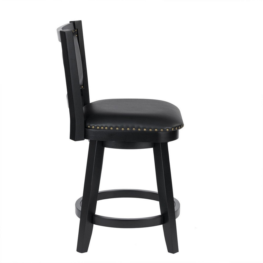 Benjara Kera Swivel Counter Height Stool Chair, Black Wood, Nailhead Faux Leather