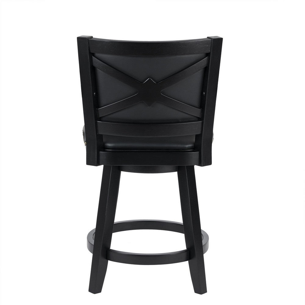 Benjara Kera Swivel Counter Height Stool Chair, Black Wood, Nailhead Faux Leather
