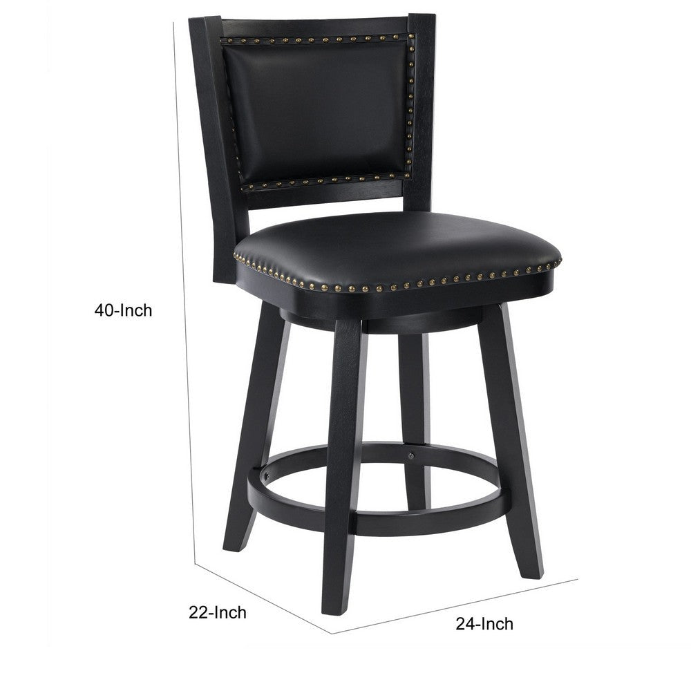 Benjara Kera Swivel Counter Height Stool Chair, Black Wood, Nailhead Faux Leather