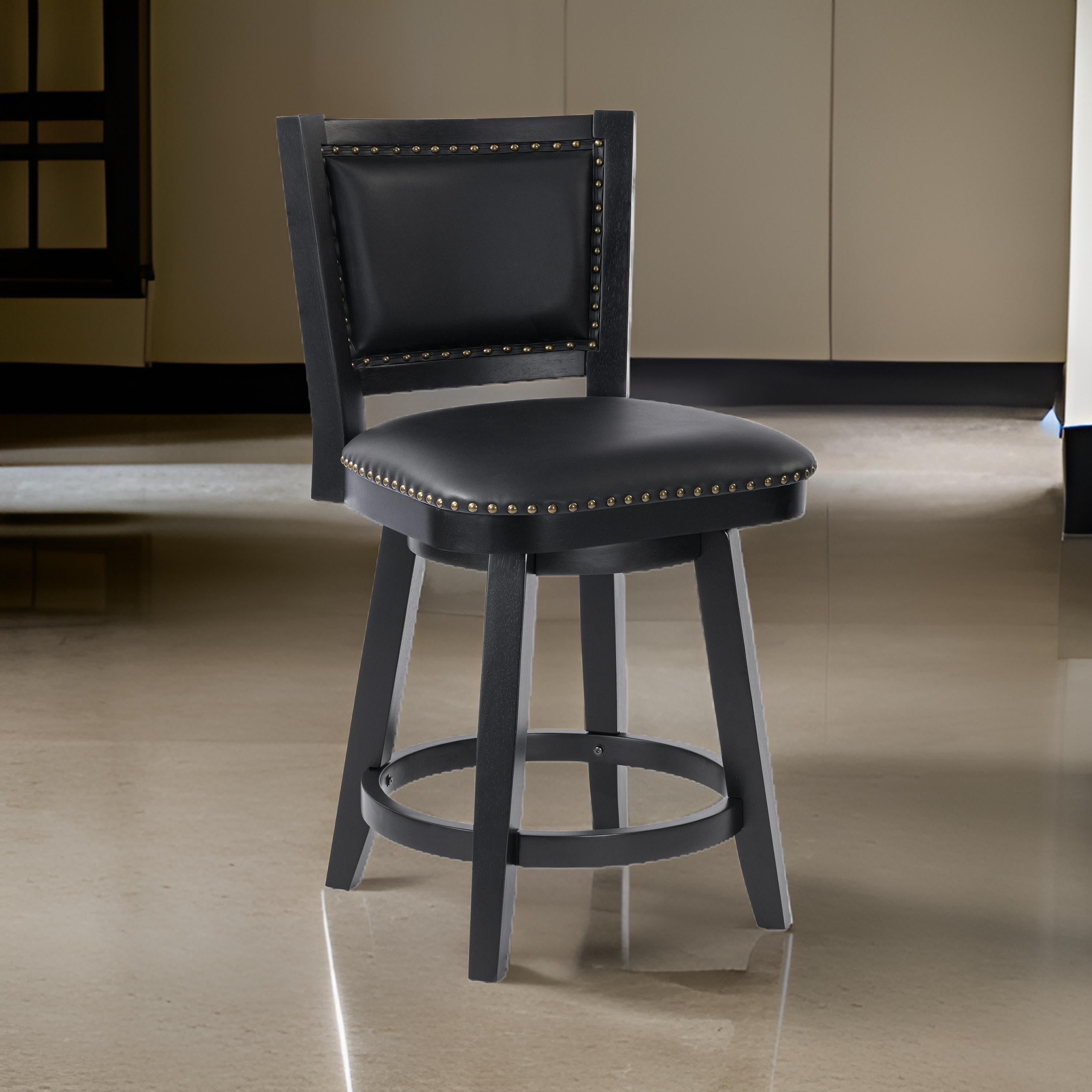 Benjara Kera Swivel Counter Height Stool Chair, Black Wood, Nailhead Faux Leather