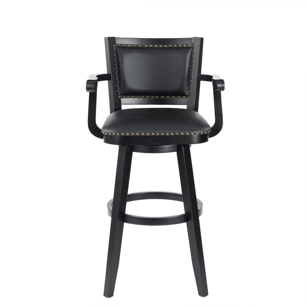 Benjara Kera 36 Inch Extra Tall Swivel Barstool Chair, Black Faux Leather, Nailhead