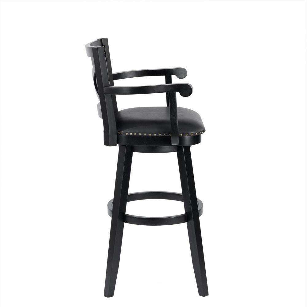 Benjara Kera 36 Inch Extra Tall Swivel Barstool Chair, Black Faux Leather, Nailhead