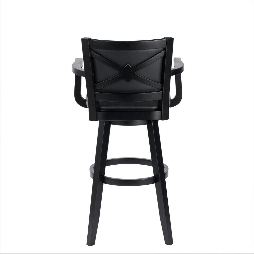 Benjara Kera 36 Inch Extra Tall Swivel Barstool Chair, Black Faux Leather, Nailhead