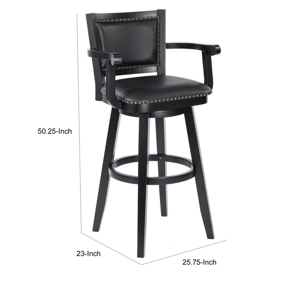 Benjara Kera 36 Inch Extra Tall Swivel Barstool Chair, Black Faux Leather, Nailhead